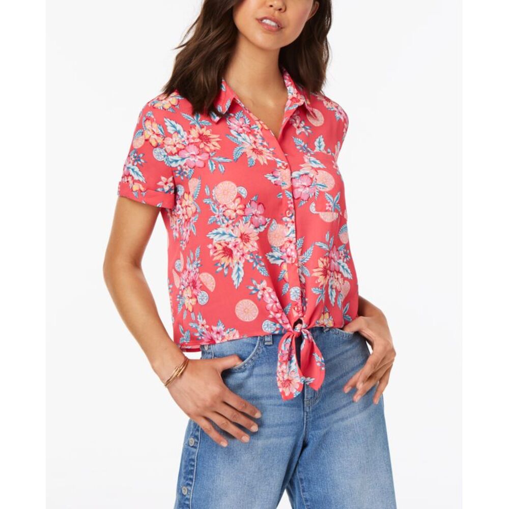 Hippie Rose Juniors Printed Tie Front Camp Shirt